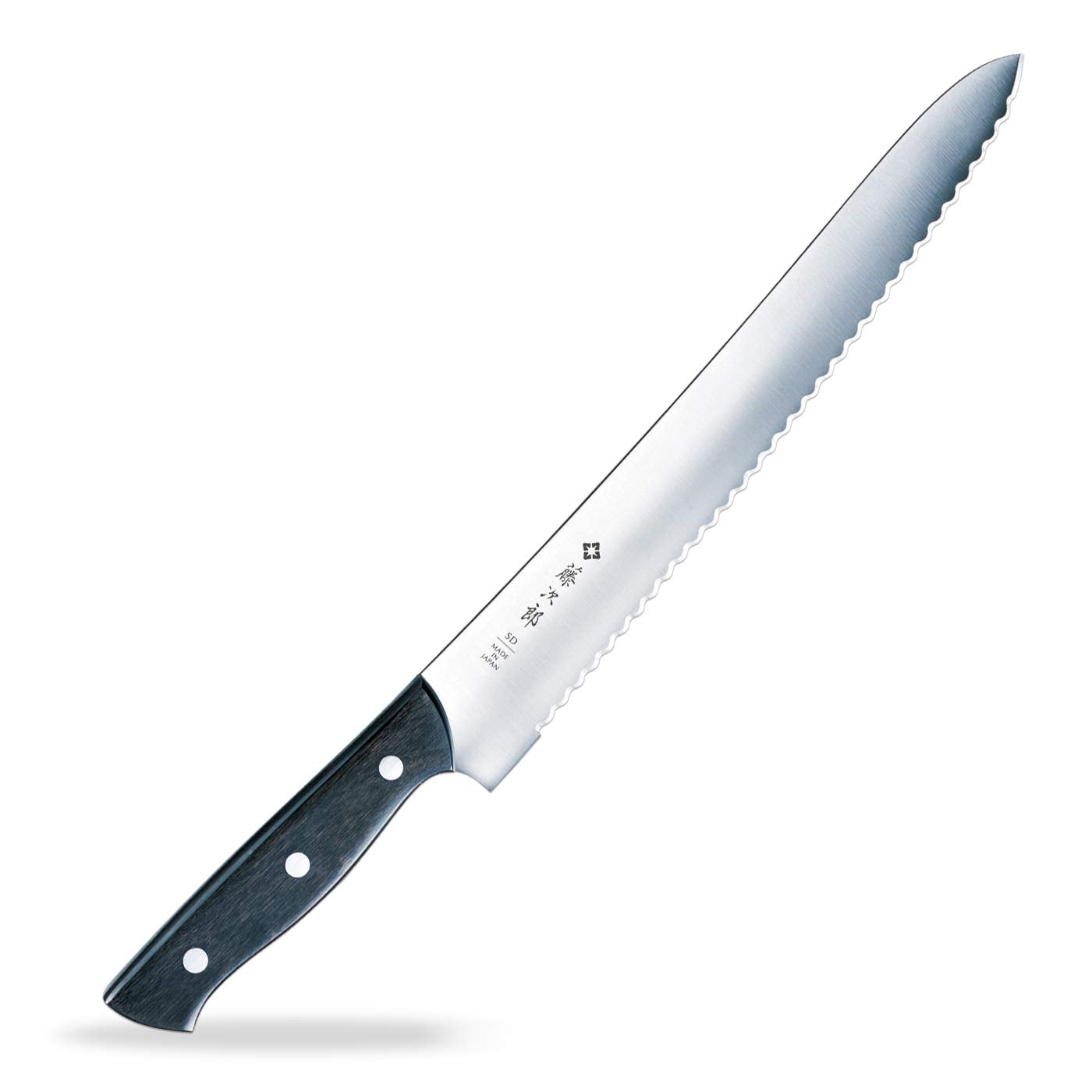 Tojiro bread knife front view showing full 10.6 inch blade and profile, precise slicing control
