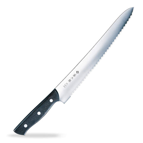 Tojiro bread knife front view showing full 10.6 inch blade and profile, precise slicing control