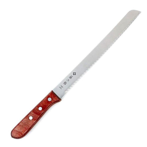 Tojiro bread knife front view showing full blade and handle, clear slicing advantage