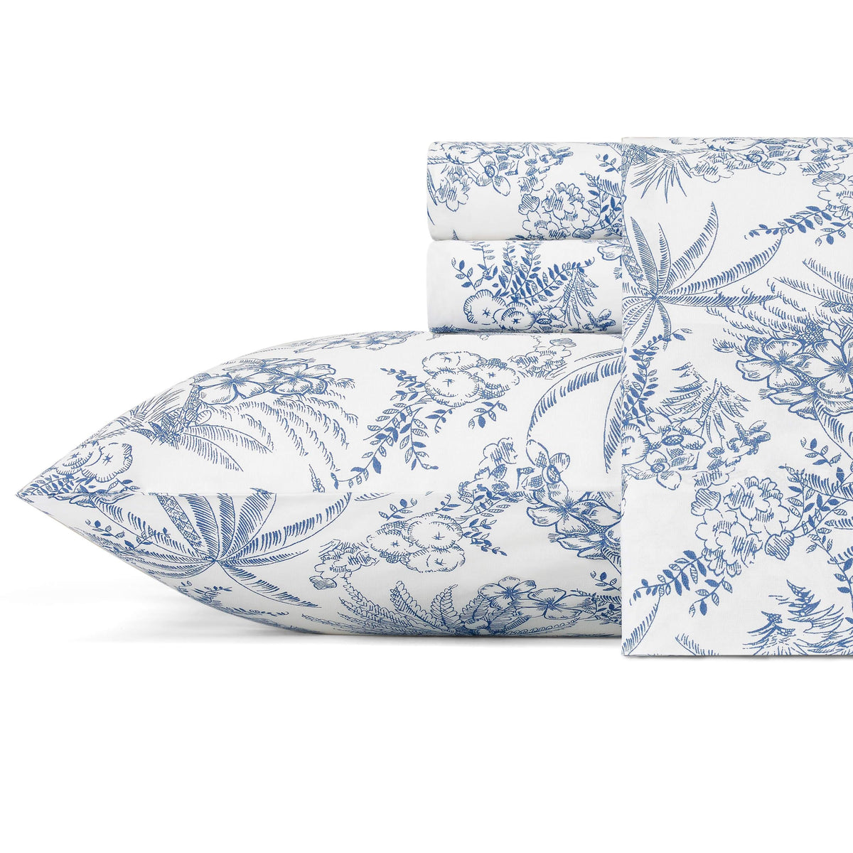 Tommy Bahama king sheet set front view showing full contents and neat packaging benefit: easy selection