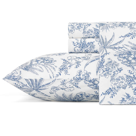 Tommy Bahama king sheet set front view showing full contents and neat packaging benefit: easy selection