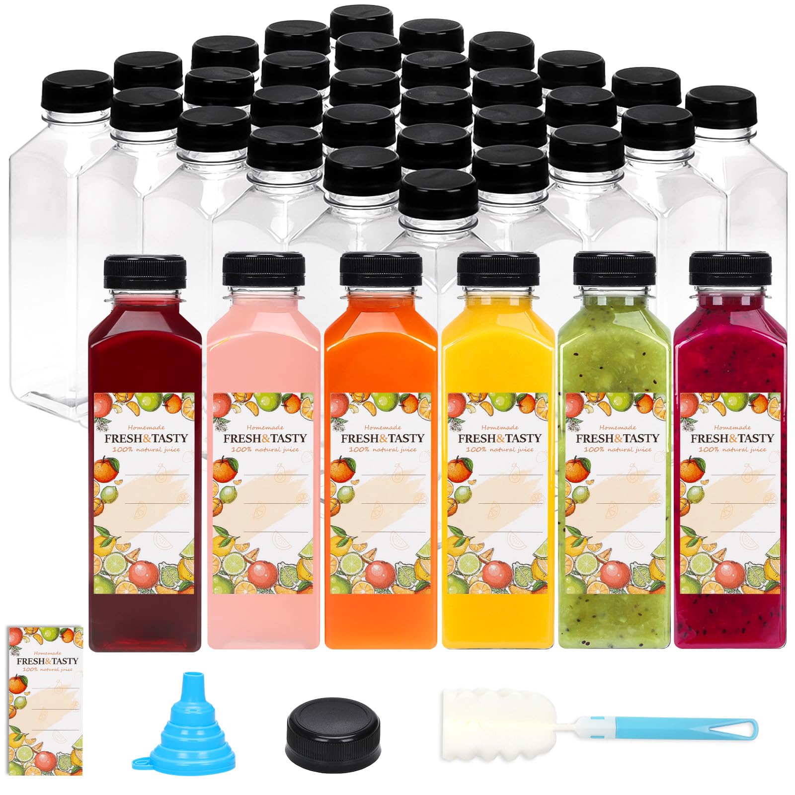 TOMNK front view of 45pcs 16oz bottle set showing included caps and accessories