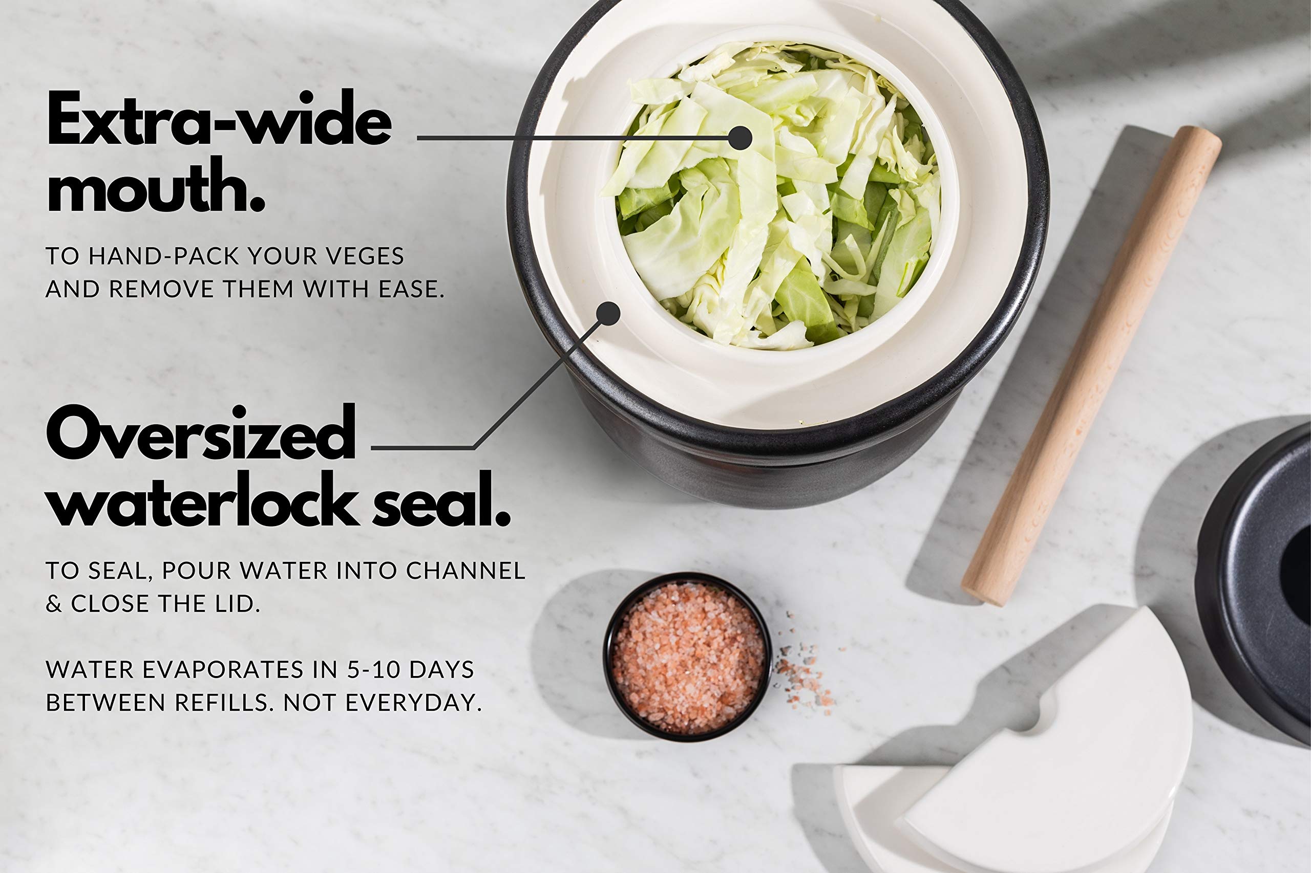 TOMO detailed shot of extra-wide waterlock channel, keeps ferments oxygen-free