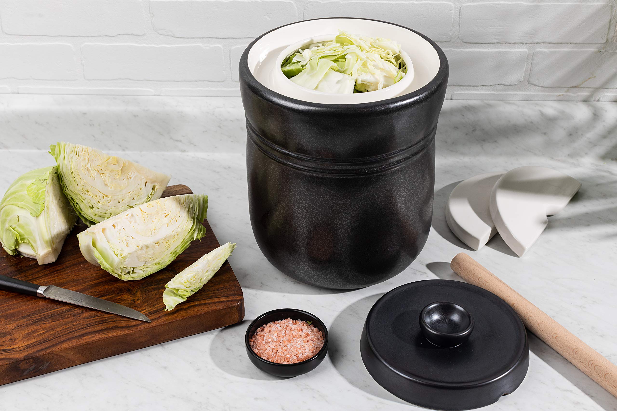 TOMO ceramic weights and wooden tamper set, ensures vegetables stay submerged