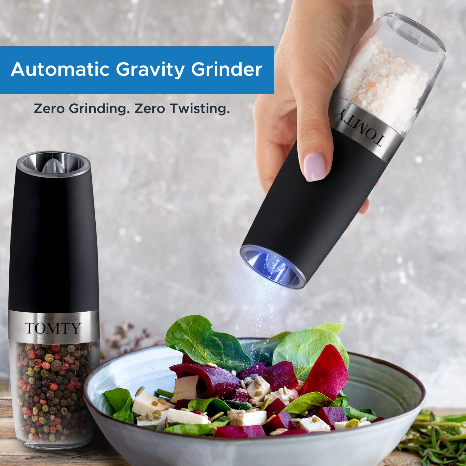 TOMTY grinders on a dining table showing effortless seasoning during meals