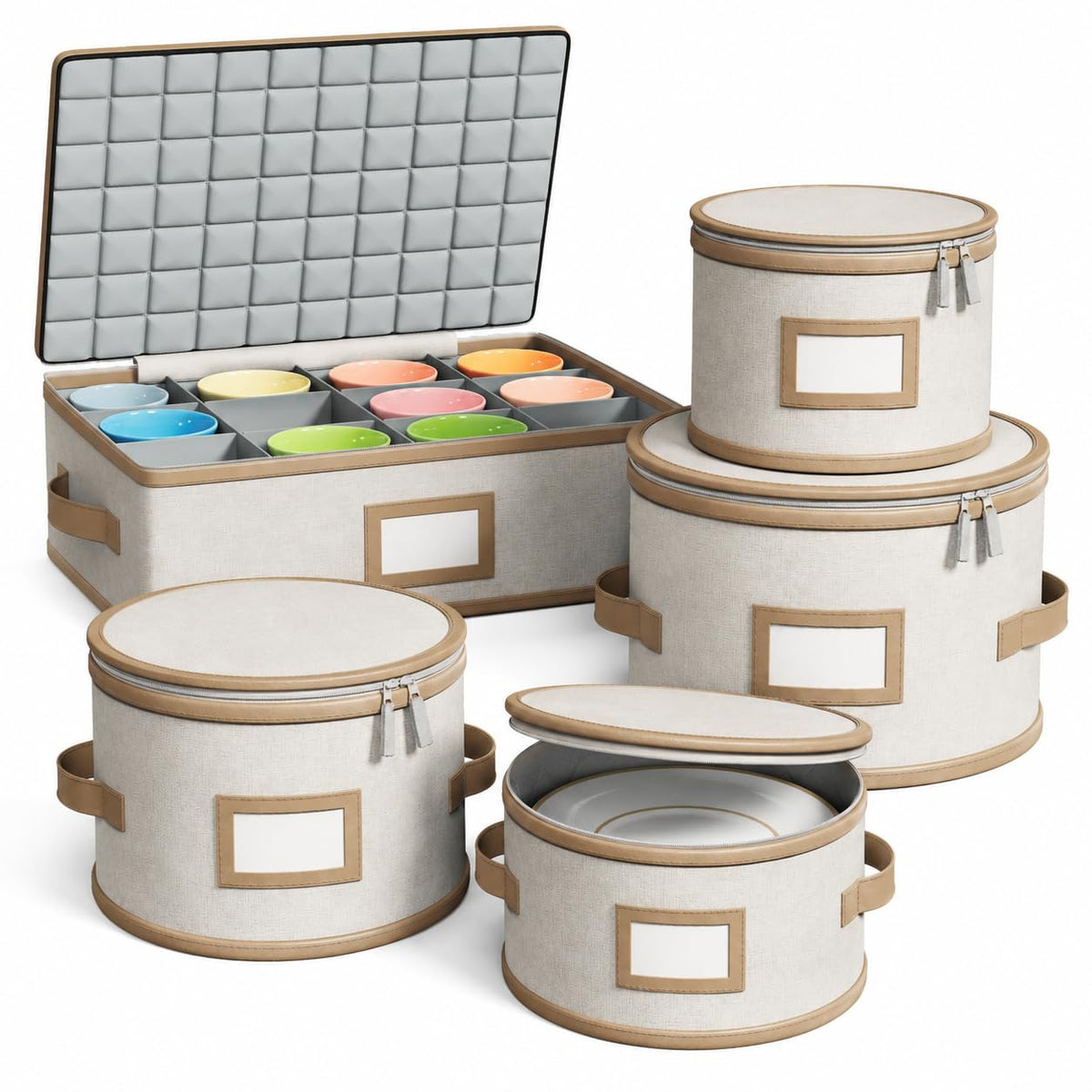 TomVista front view of beige china storage set showing neat protection