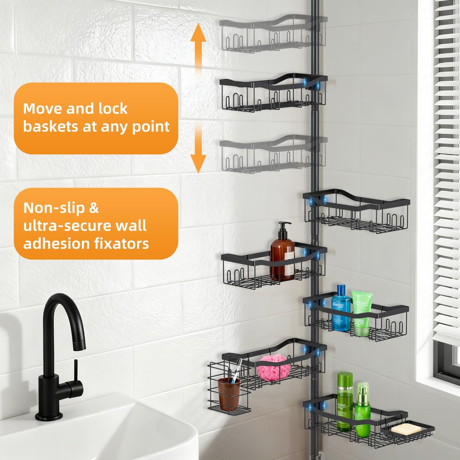 Tondid installed in shower holding bottles showing neat bathroom organization