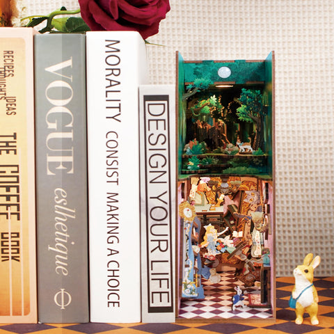 Tonecheer scale shot between books illustrating compact bookshelf fit