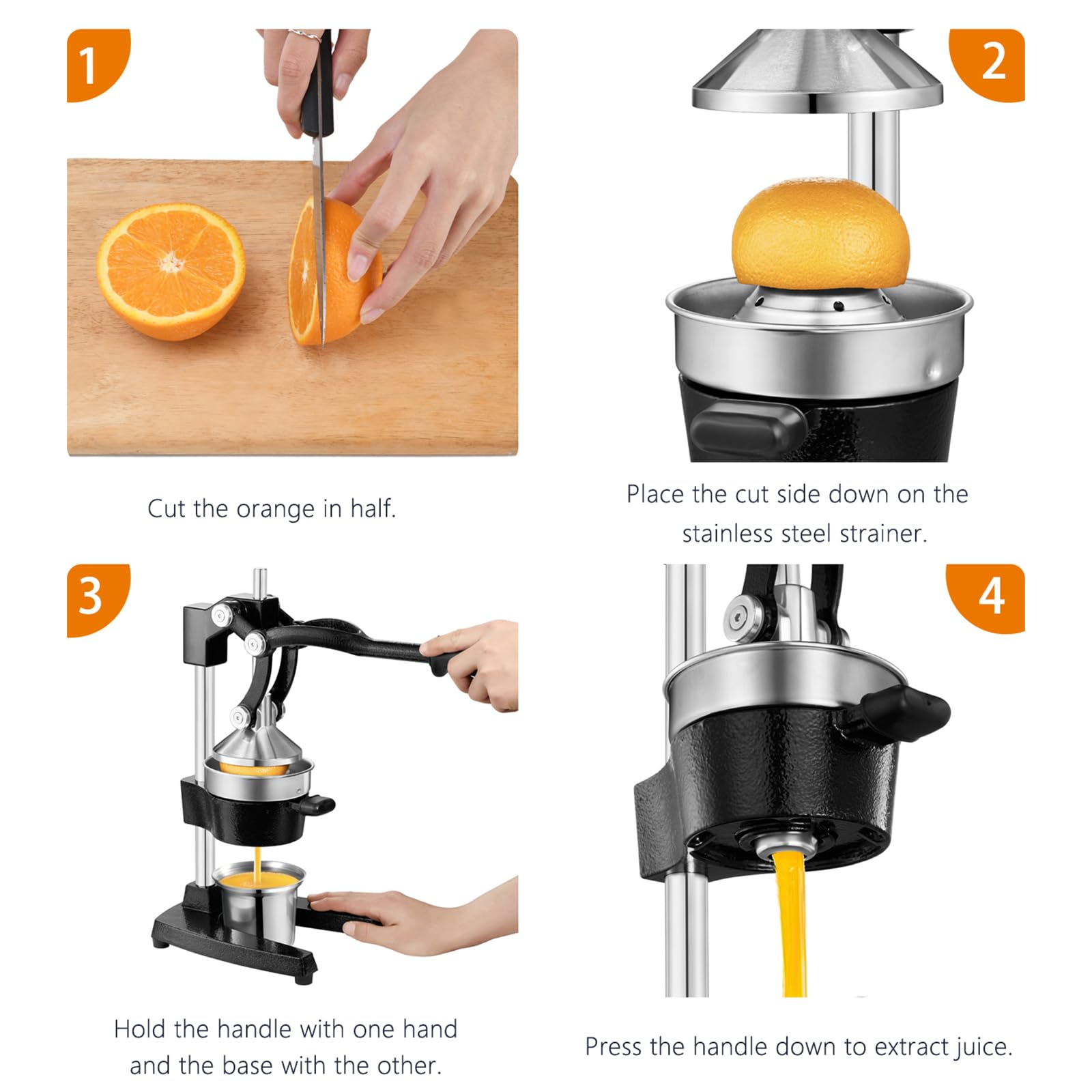 TONGCHANT juicer beside citrus fruit to show scale and how different fruits fit the funnel