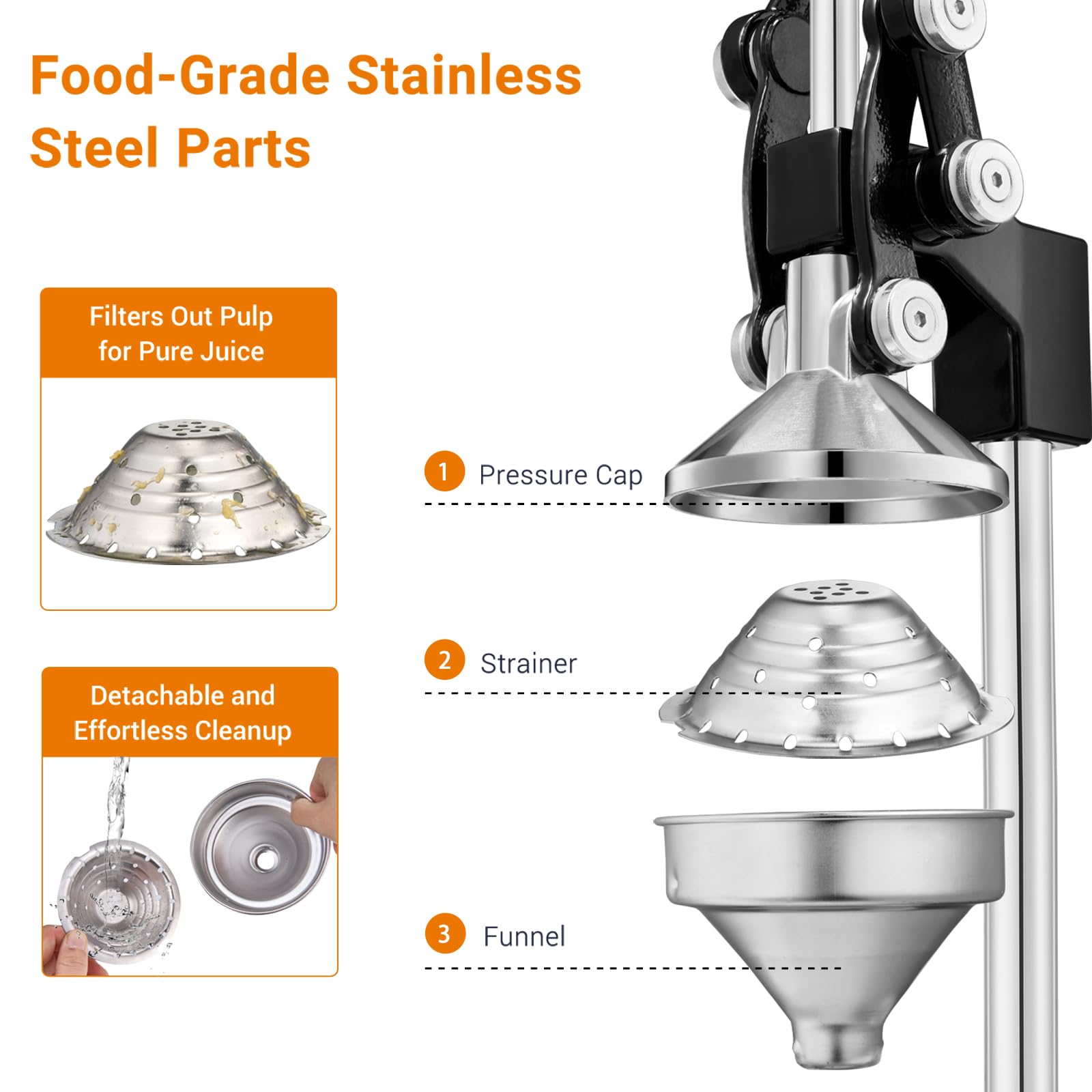 TONGCHANT detachable stainless strainer close-up that keeps seeds and large pulp out of juice
