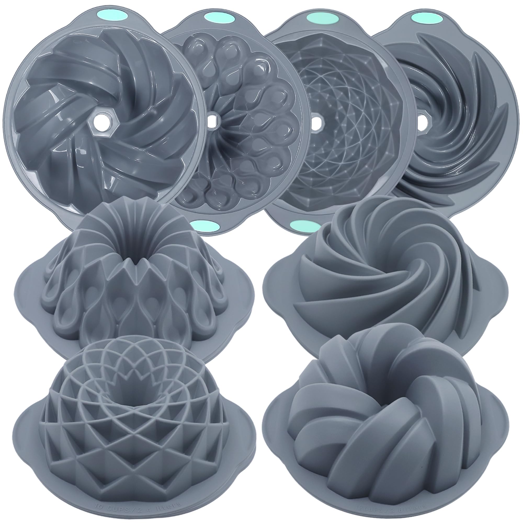Tongjude front view of four grey fluted silicone cake pans showing sizes and shape benefit easy storage