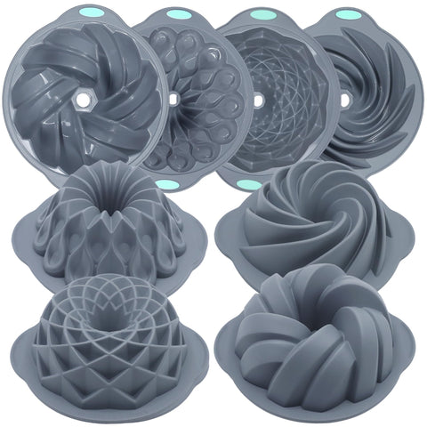 Tongjude front view of four grey fluted silicone cake pans showing sizes and shape benefit easy storage