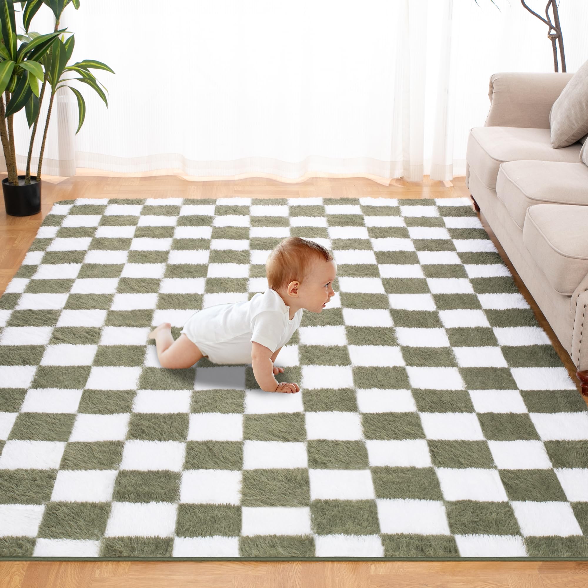 TOOHUB front view of green and white checkered rug shows cozy decor benefit