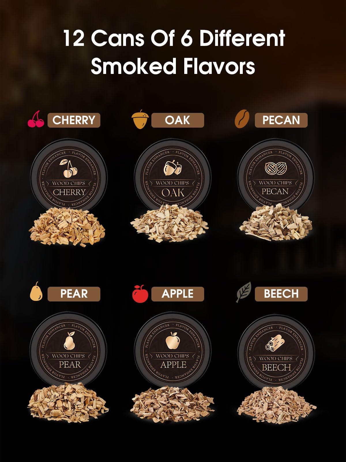 TOOKEBEEGO six wood chip flavors displayed for choosing matching smoke profile
