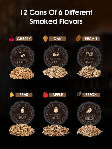 TOOKEBEEGO six wood chip flavors displayed for choosing matching smoke profile