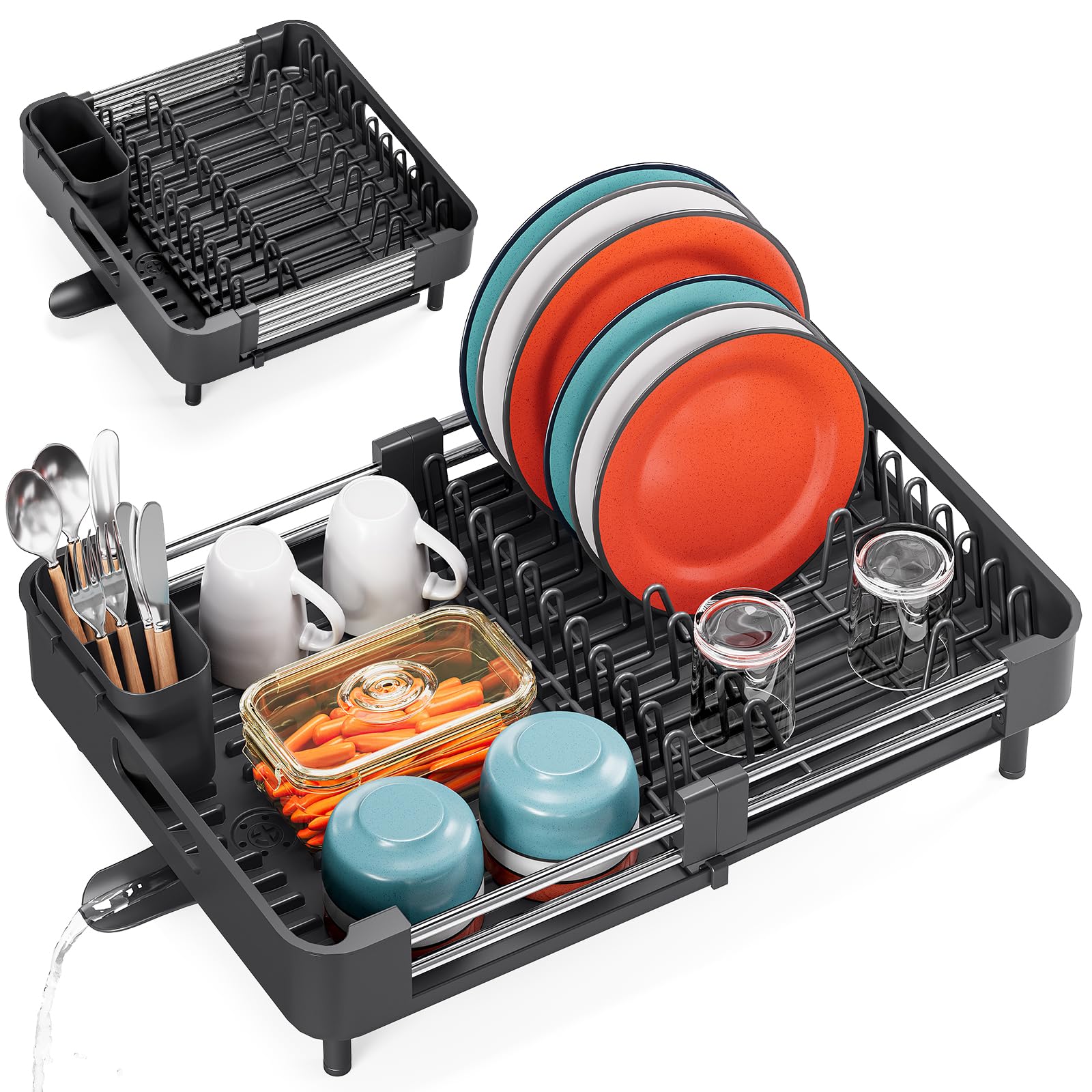 TOOLF front view of expandable dish rack showing organized dishes and capacity