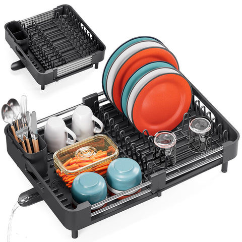 TOOLF front view of expandable dish rack showing organized dishes and capacity