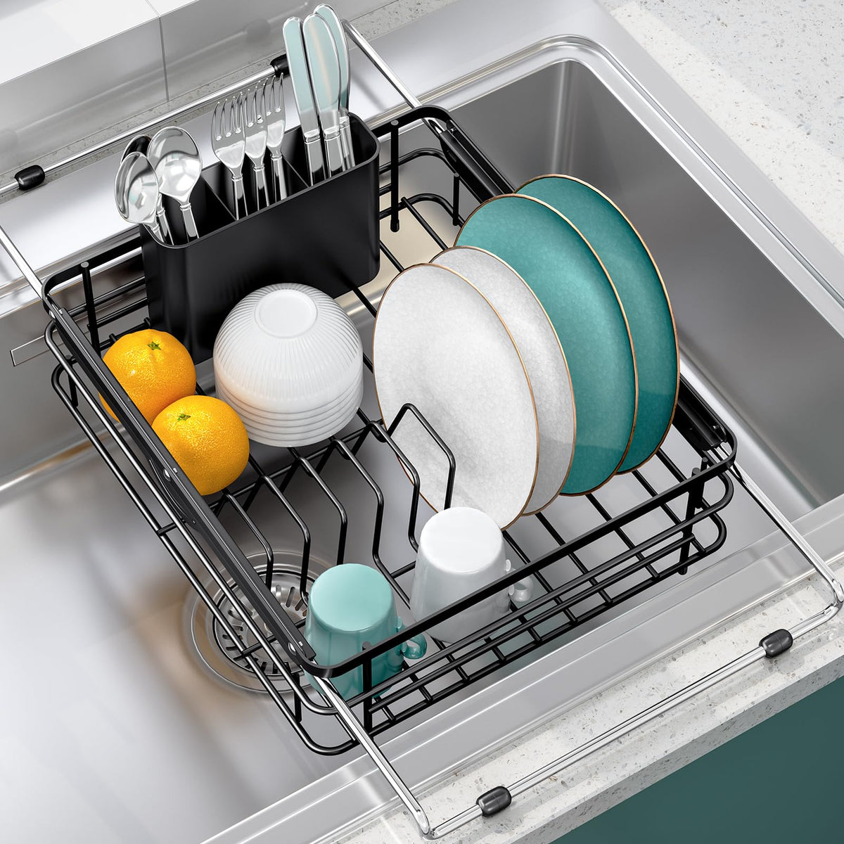 TOOLF front view of expandable over-sink drainer showing organized drying
