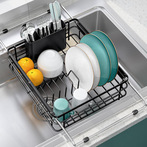 TOOLF front view of expandable over-sink drainer showing organized drying