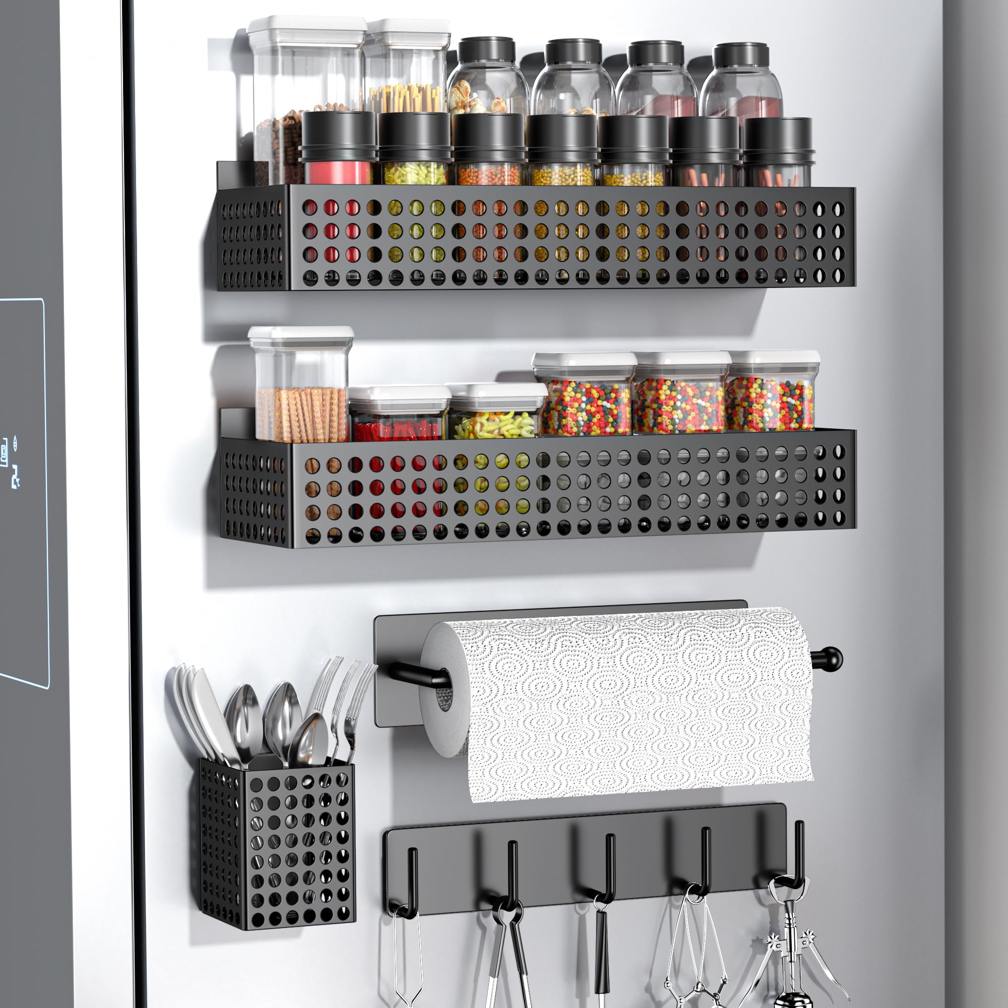 Toosci front view of full magnetic organizer set showing compact kitchen benefit