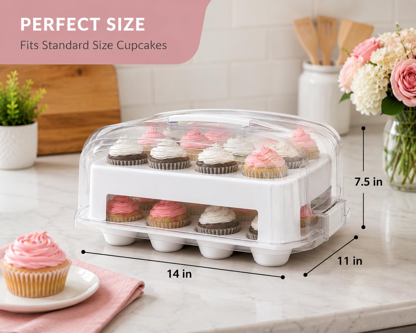 Top Shelf Elements open carrier with 24 cupcakes showing secure two-tier benefit