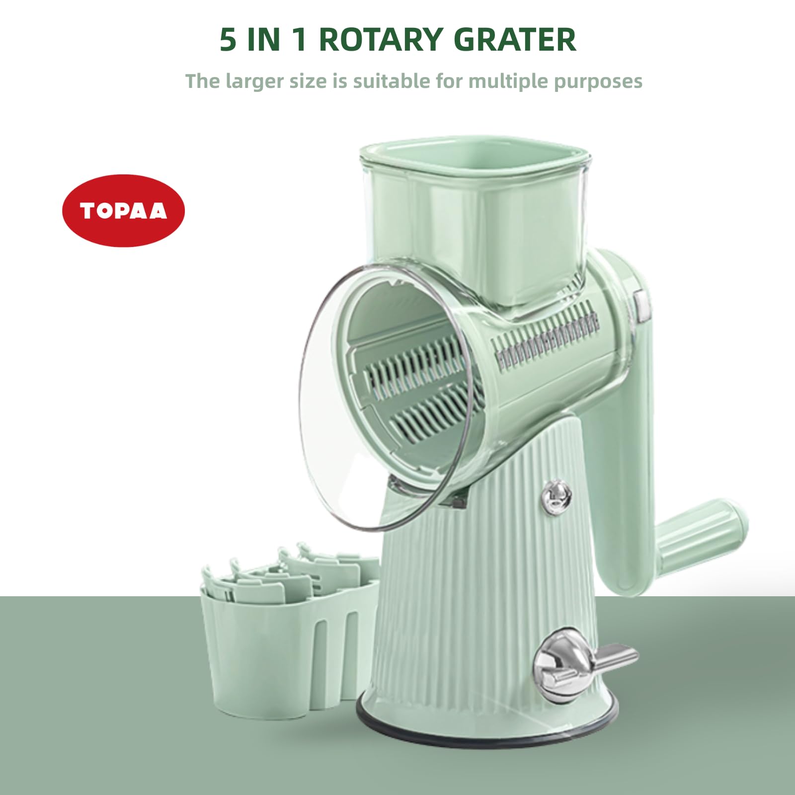 TOPAA grater in action with hand turning handle, effortless shredding for faster prep