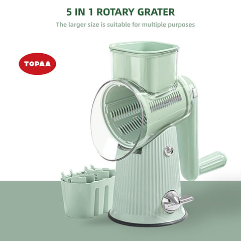 TOPAA grater in action with hand turning handle, effortless shredding for faster prep