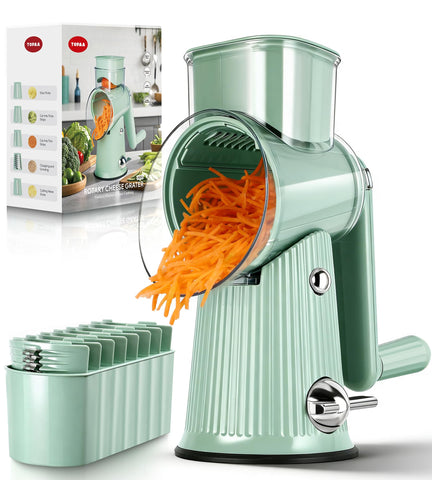 TOPAA rotary grater front view showing green body and handle, clear multi-function utility