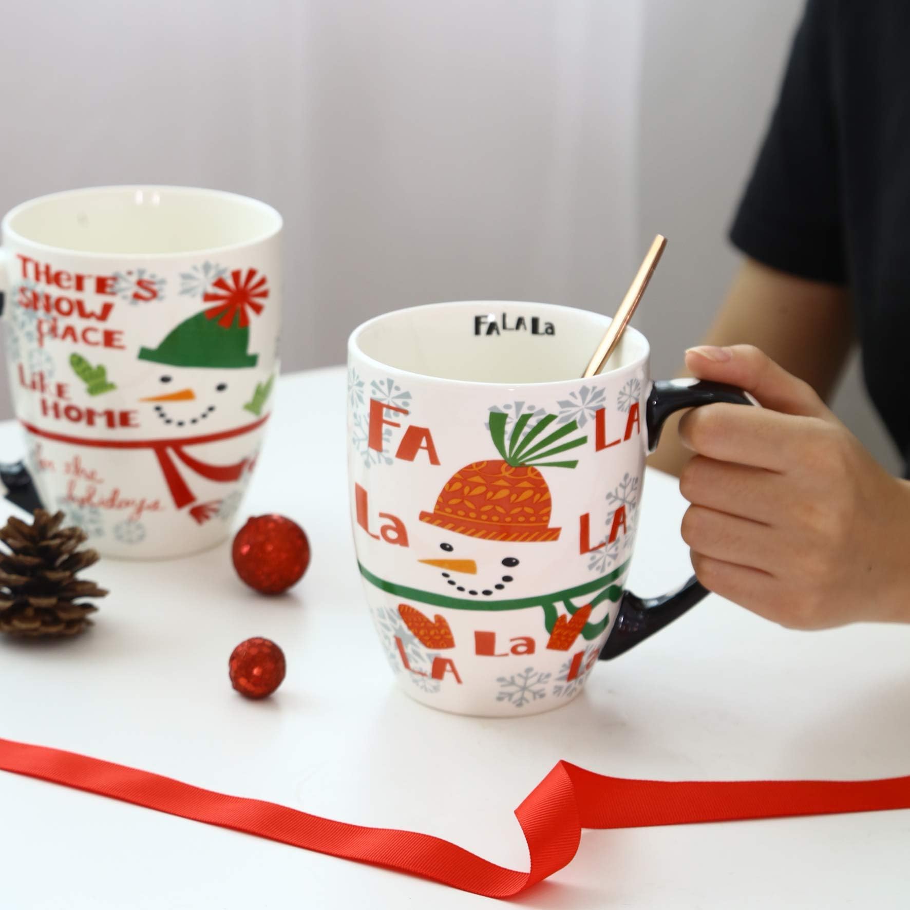 Topadorn Christmas socks mug detail showing vivid glaze and festive table styling benefit