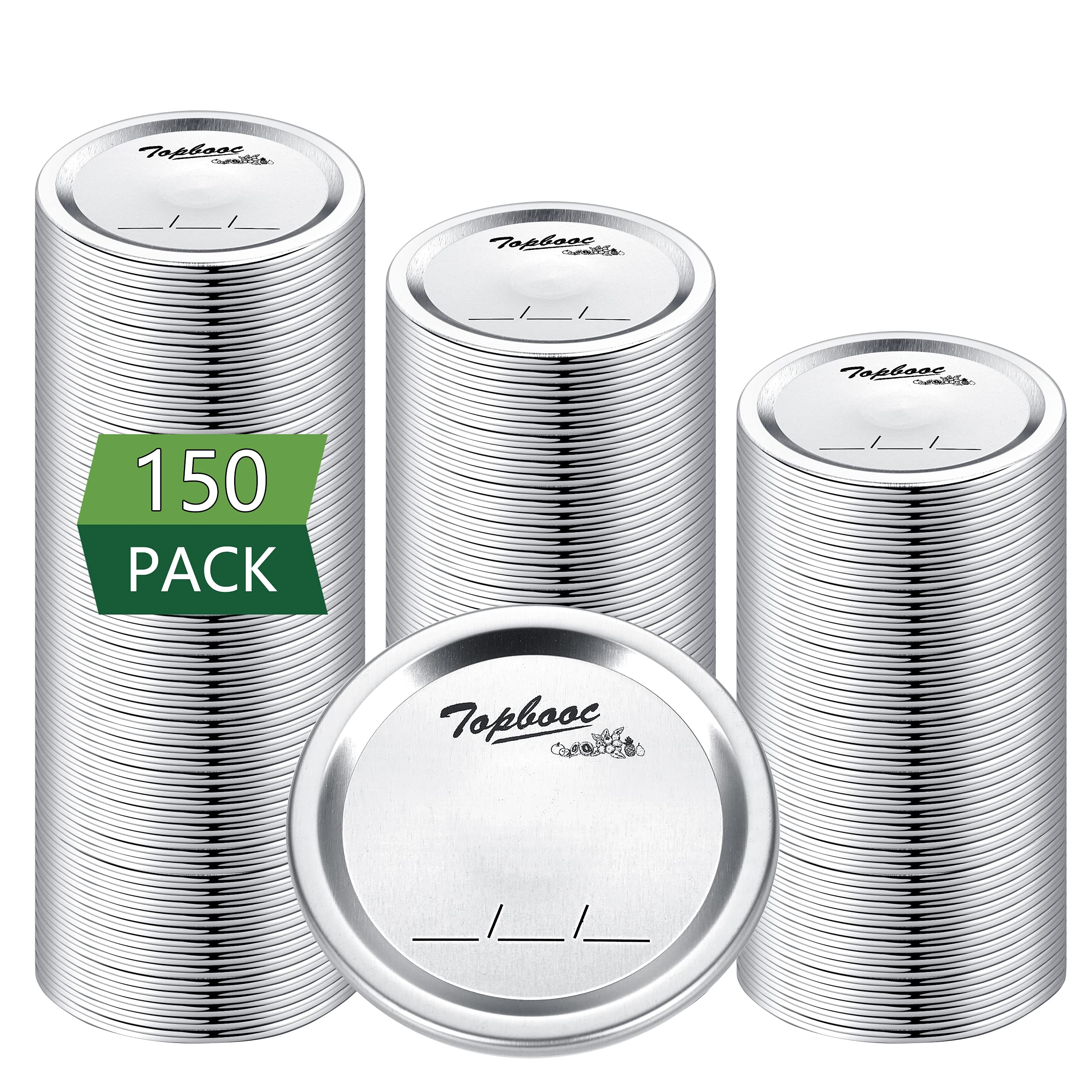 Topbooc front view of 150 regular-mouth lids showing pack benefit