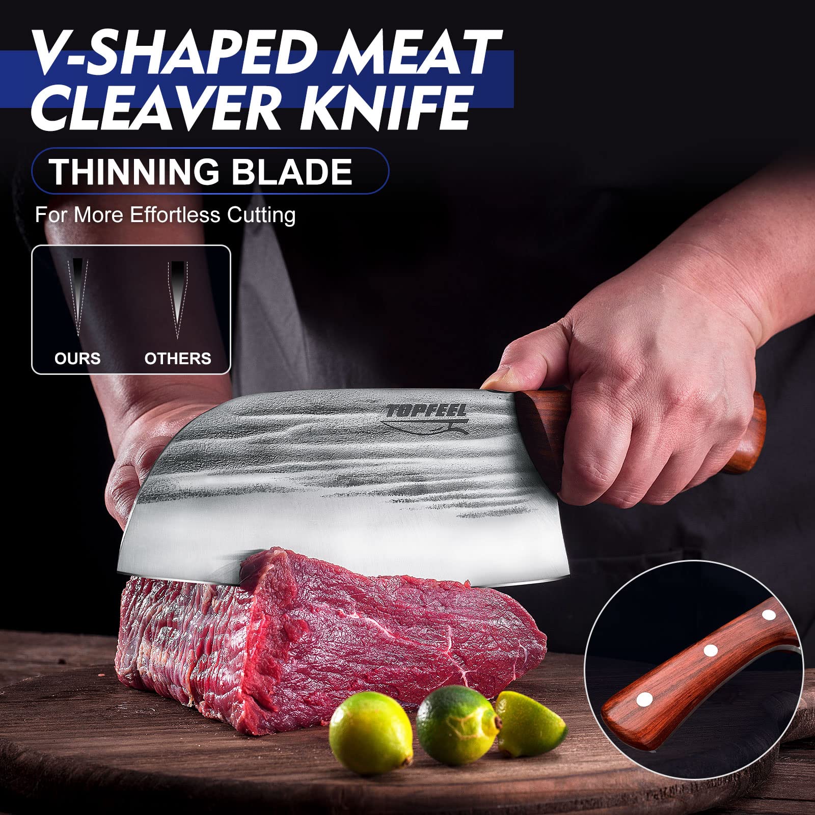 Topfeel 7.5-inch cleaver blade close-up showing sharp edge for precise slicing