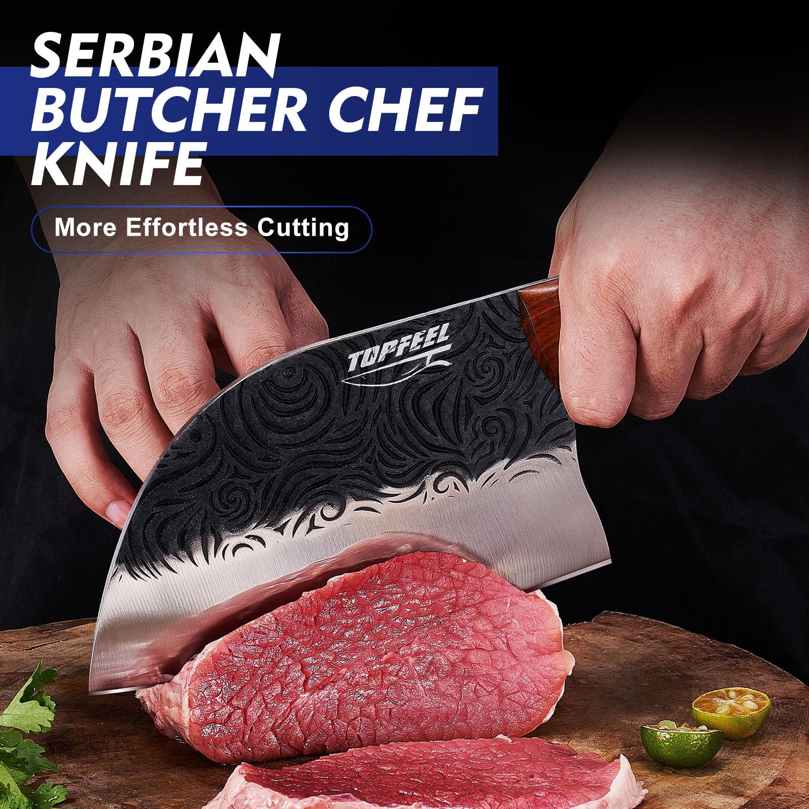 Topfeel close-up of hammered high-carbon steel blade highlighting sharp edge and anti-stick finish
