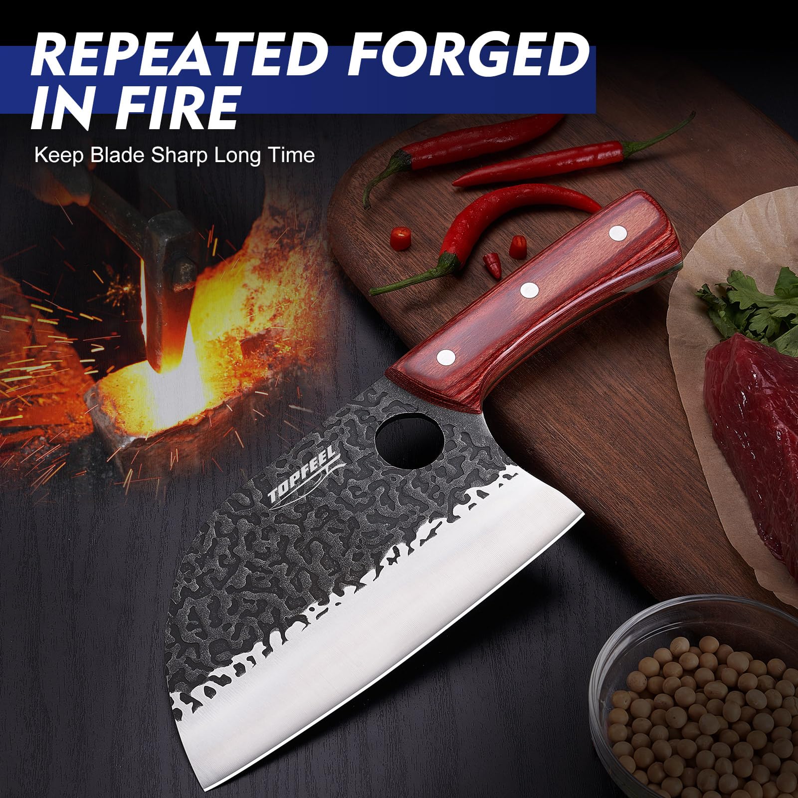 Topfeel hammered blade finish close-up showing nonstick texture and rust resistance