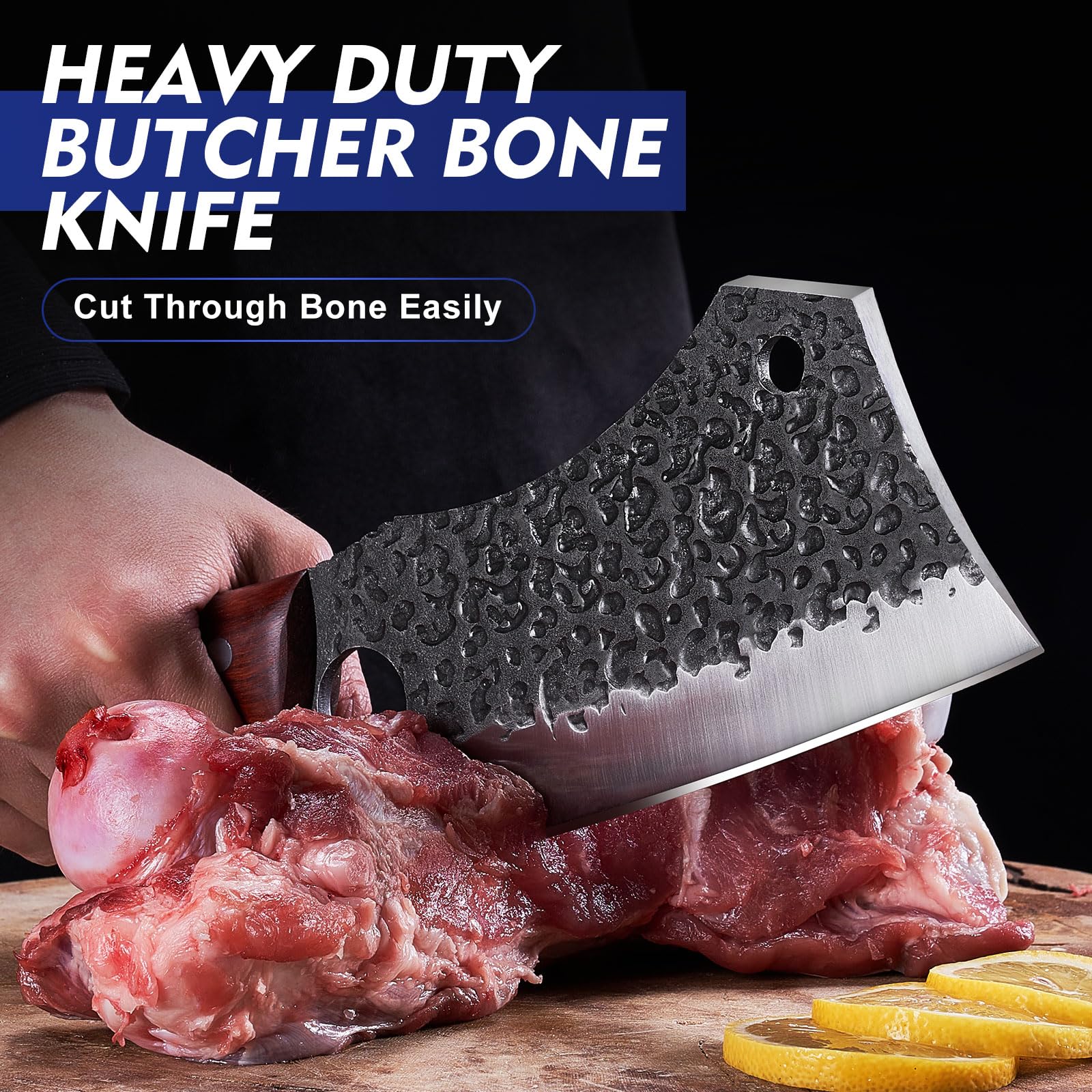 Topfeel close-up of bone chopper blade showing forged edge for powerful cutting
