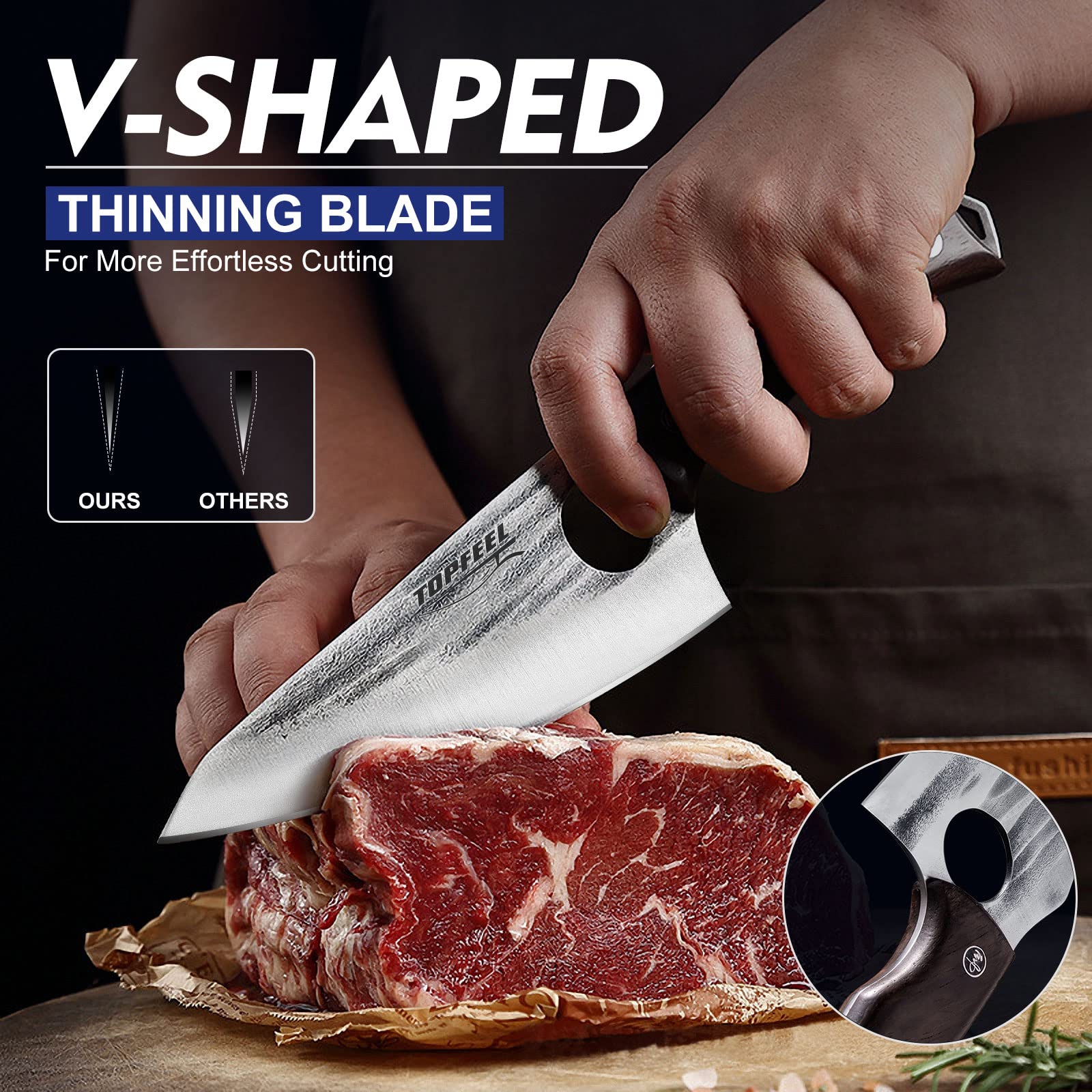 Topfeel close-up of high-carbon blade grain and edge demonstrating long-lasting sharpness
