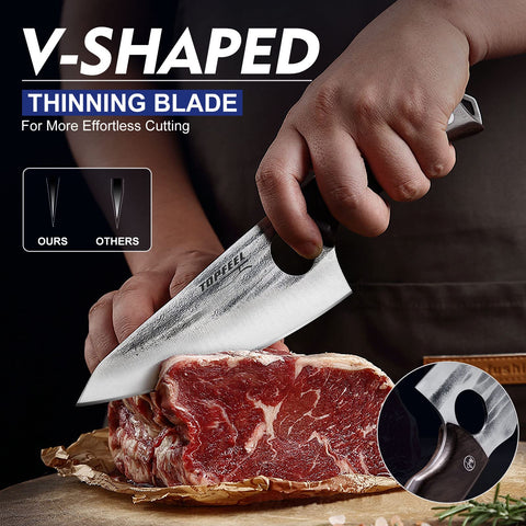 Topfeel close-up of high-carbon blade grain and edge demonstrating long-lasting sharpness