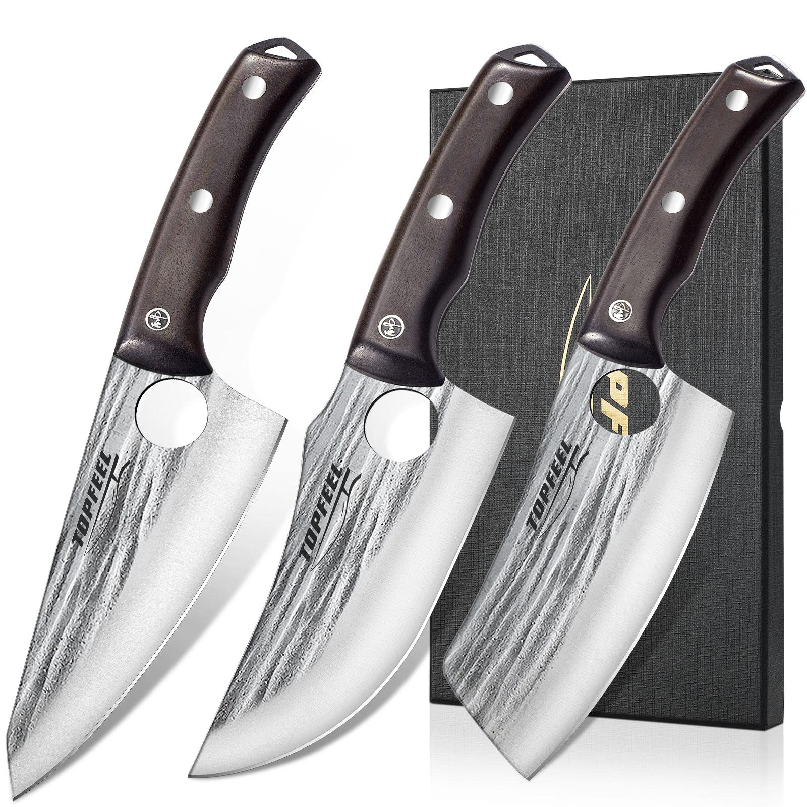Topfeel front view of full 3-piece set showing blades and handles for kitchen versatility