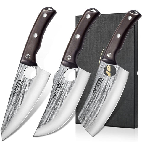 Topfeel front view of full 3-piece set showing blades and handles for kitchen versatility