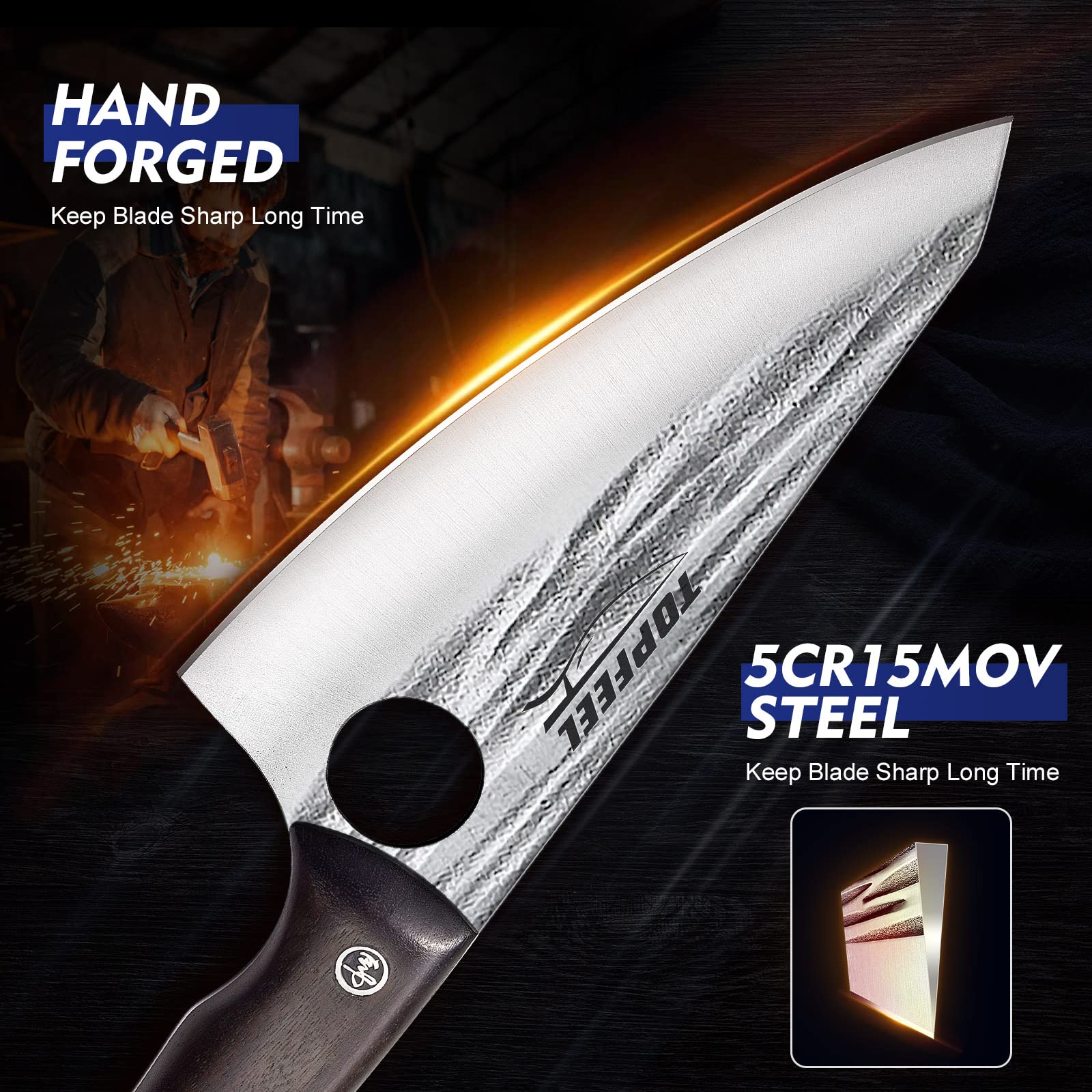 Topfeel red sandalwood handle detail highlighting ergonomic grip and stable control