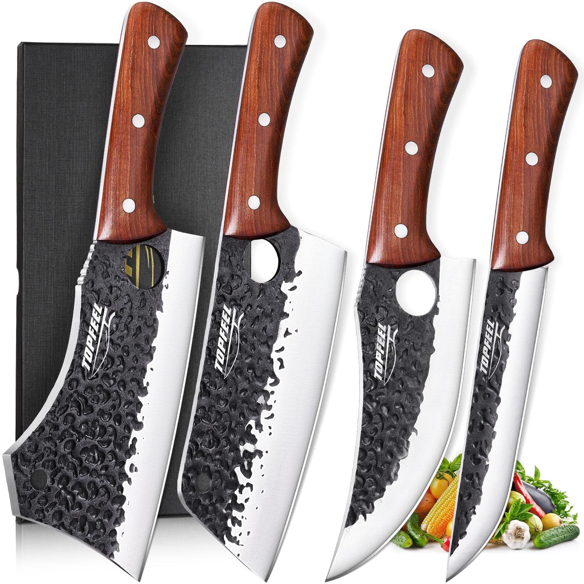 Topfeel front view of full 4PCS butcher knife set showing complete kit and versatility