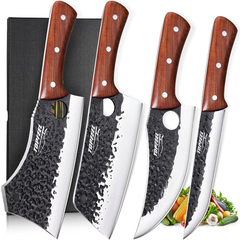 Topfeel front view of full 4PCS butcher knife set showing complete kit and versatility