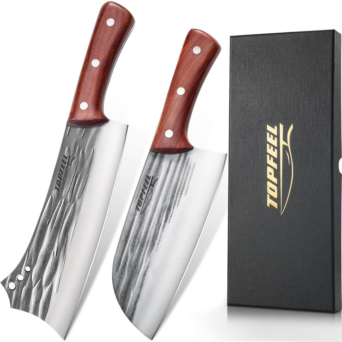 Topfeel front packaging showcasing the boxed 2-piece cleaver set benefit gift-ready