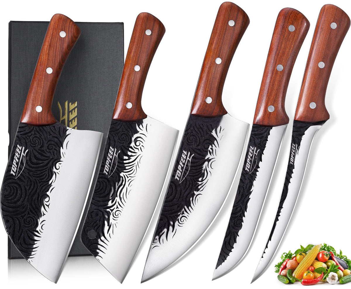 Topfeel front packaging showing complete five-piece butcher knife set for professional use