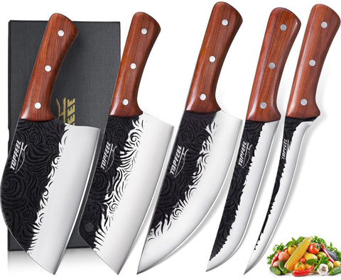 Topfeel front packaging showing complete five-piece butcher knife set for professional use