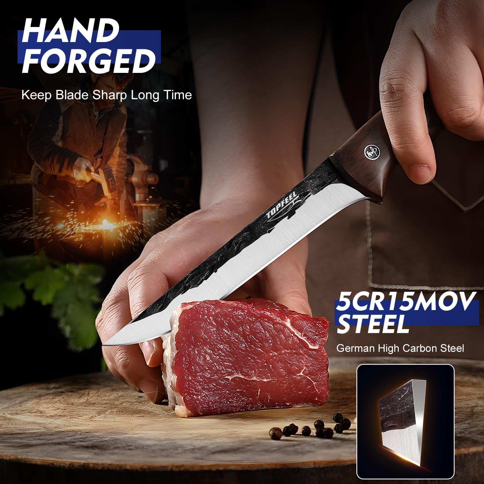 Topfeel knives in use slicing roast to illustrate precise cutting performance