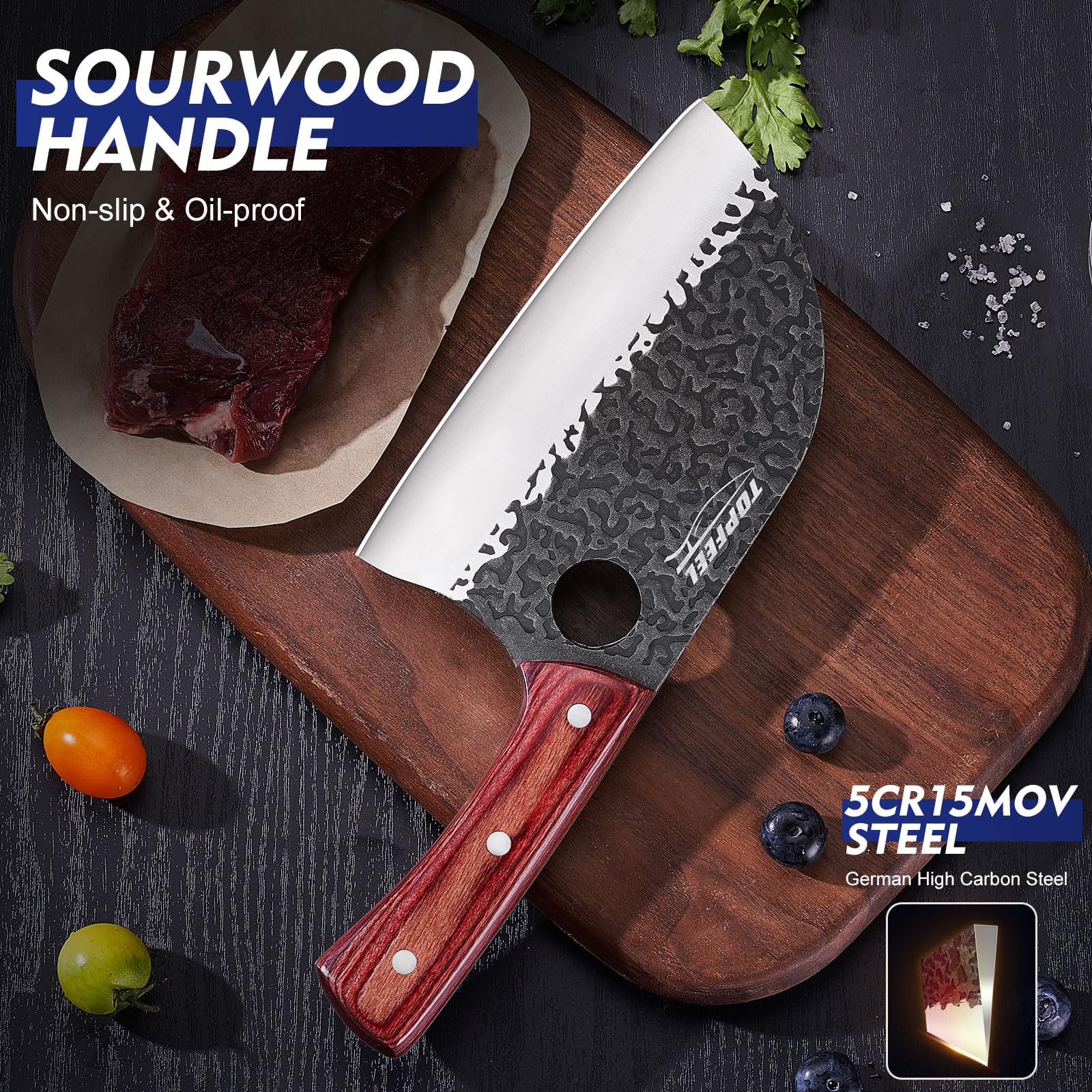 Topfeel red sandalwood handle close-up highlighting ergonomic grip and durability
