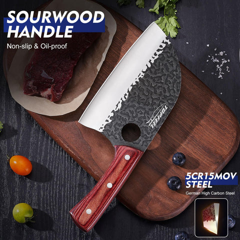 Topfeel red sandalwood handle close-up highlighting ergonomic grip and durability