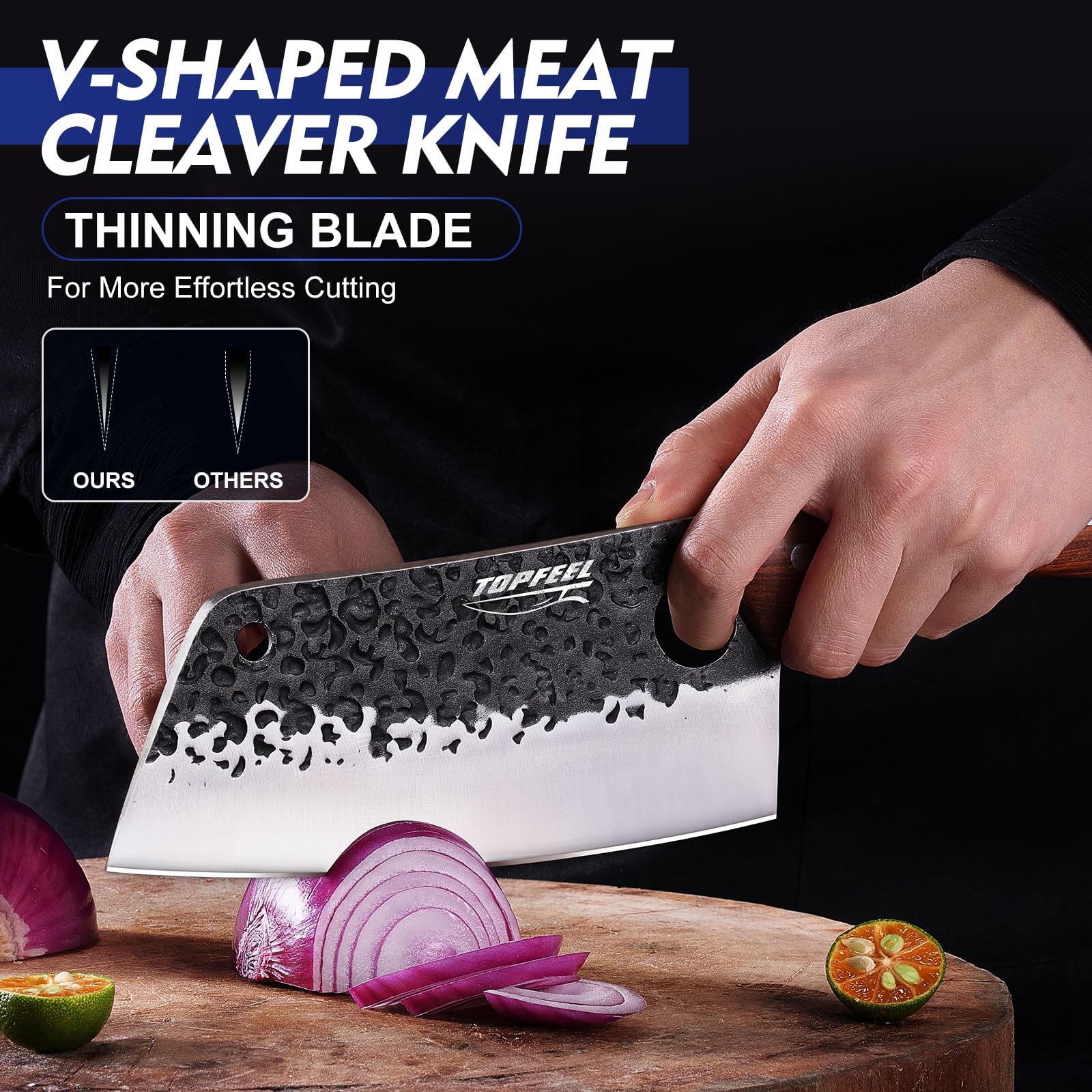 Topfeel meat cleaver handle detail highlighting red sandalwood grip and balance