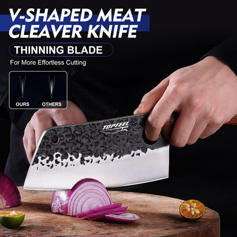 Topfeel meat cleaver handle detail highlighting red sandalwood grip and balance