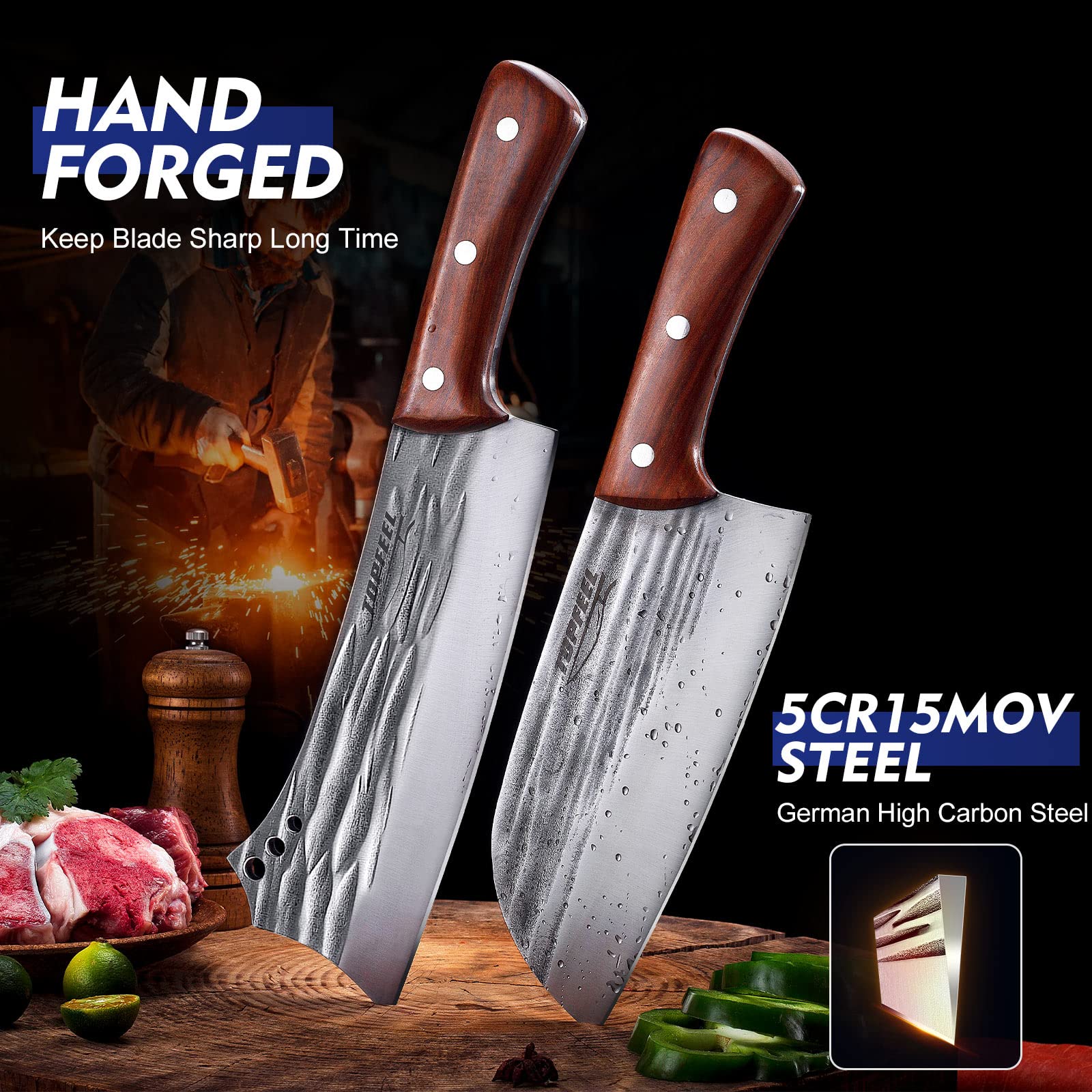 Topfeel rosewood handle detail and rivets offering comfortable secure grip
